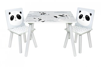 BABY NELLYS Detský nábytok - 3 ks, stôl so stoličkami Panda - sivá 
