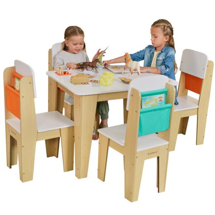 KidKraft Set Stolík A 4 Stoličky S Úložnými Vreckami Natural