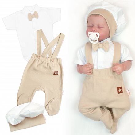 Nellys Bavlnená súprava Gentleman 3D, body kr. rukáv, polodupačky s lacnom, čiapočka,béžová/biela