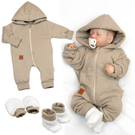 Nellys Bavlnený oteplený overálok s kapucňou, rukavičky, topánky, 3D sada Nature - taupe
