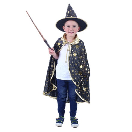 Destký plášť čierny s klobúkom Čarodejník