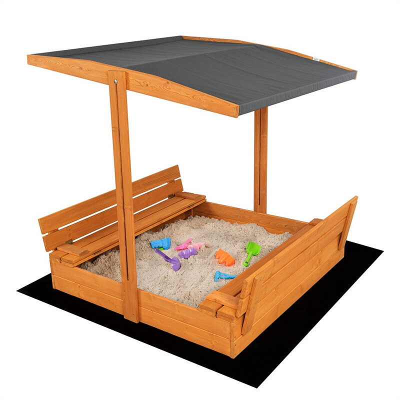 Baby Mix Detské drevené uzatvárateľné pieskovisko s lavičkami a strieškou 120x120 cm sivé