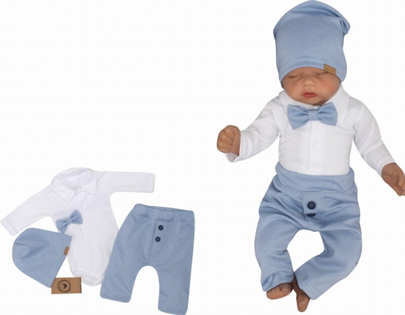 Z&Z 4-dielna sada Elegant Boy, body, nohavice, motýlik a čiapky, modrá/biela Z&Z 4-dielna sada Elegant Boy, body, nohavice, motýlik a čiapky, modrá/biela