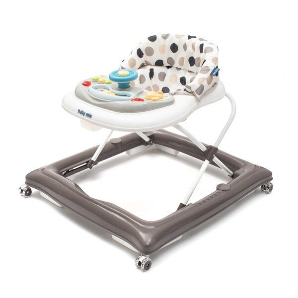 Baby Mix Detské chodítko s volantom a silikónovými kolieskami sivo-biele Baby Mix Detské chodítko s volantom a silikónovými kolieskami sivo-biele
