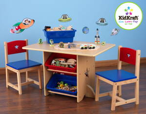 KidKraft detský stôl Star s dvoma stoličkami a boxy