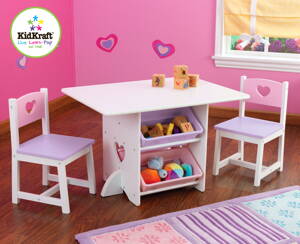 KidKraft detský stôl Heart s dvoma stoličkami a boxy