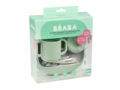 Beaba Jedálenská sada silikónová 4-dielna s podbradníkom Grey / Sage Green
