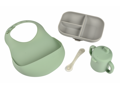 Beaba Jedálenská sada silikónová 4-dielna s podbradníkom Grey / Sage Green