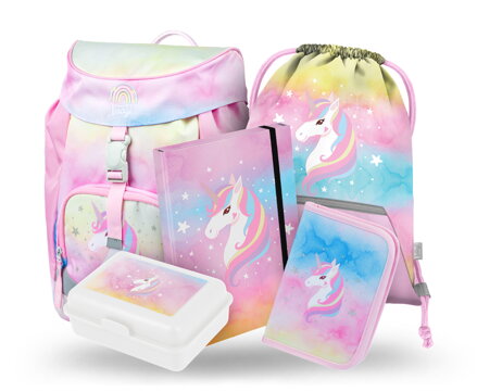 BAAGL SADA 5 Airy Rainbow Unicorn: batoh, peračník, vrecko, peňaženka, dosky